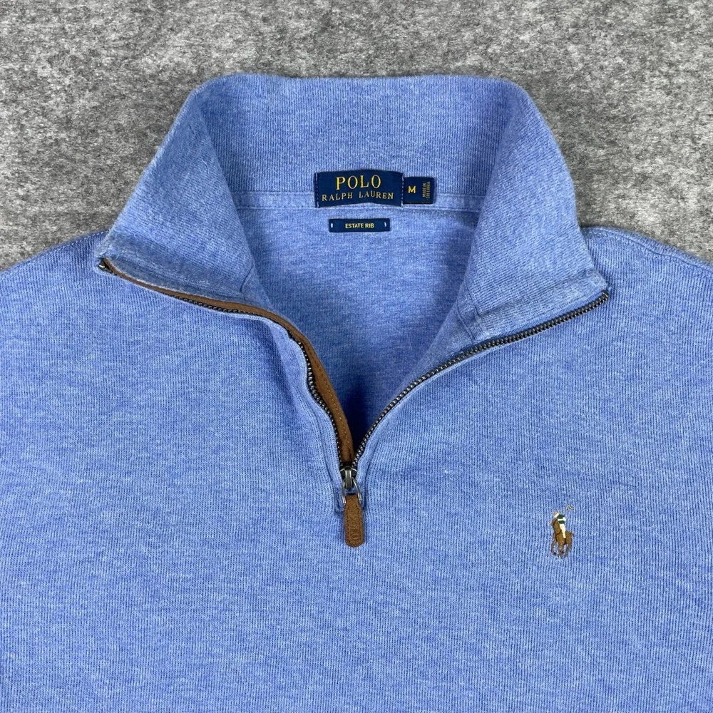 Polo Ralph Lauren Sweater Mens M Blue Estate Rib 1/4 Zip Cotton Preppy Pullover